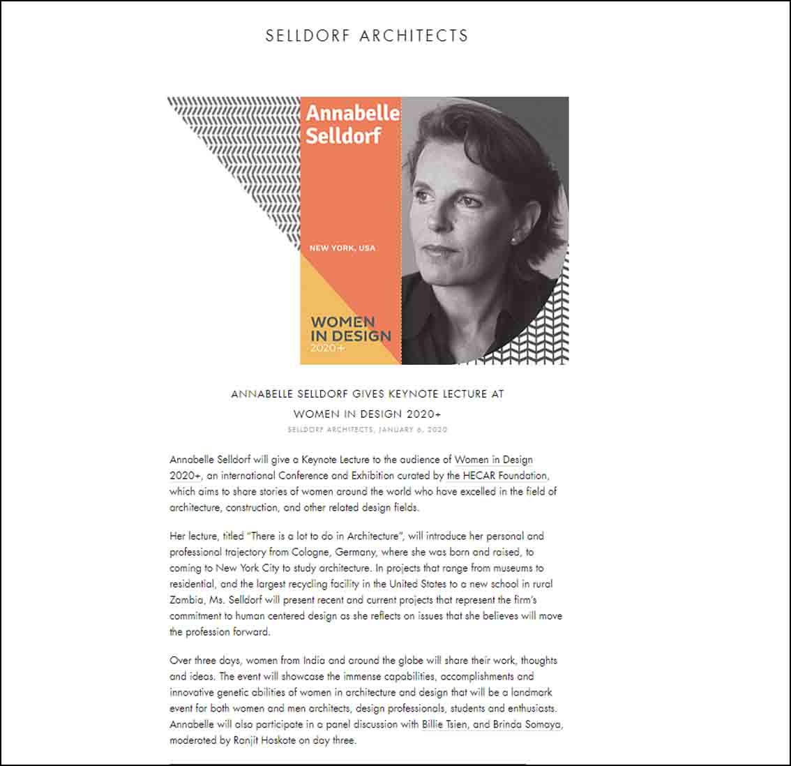 Annabelle Selldore Gives Keynote Lecture at Women In Design 2020 +, - January 2020